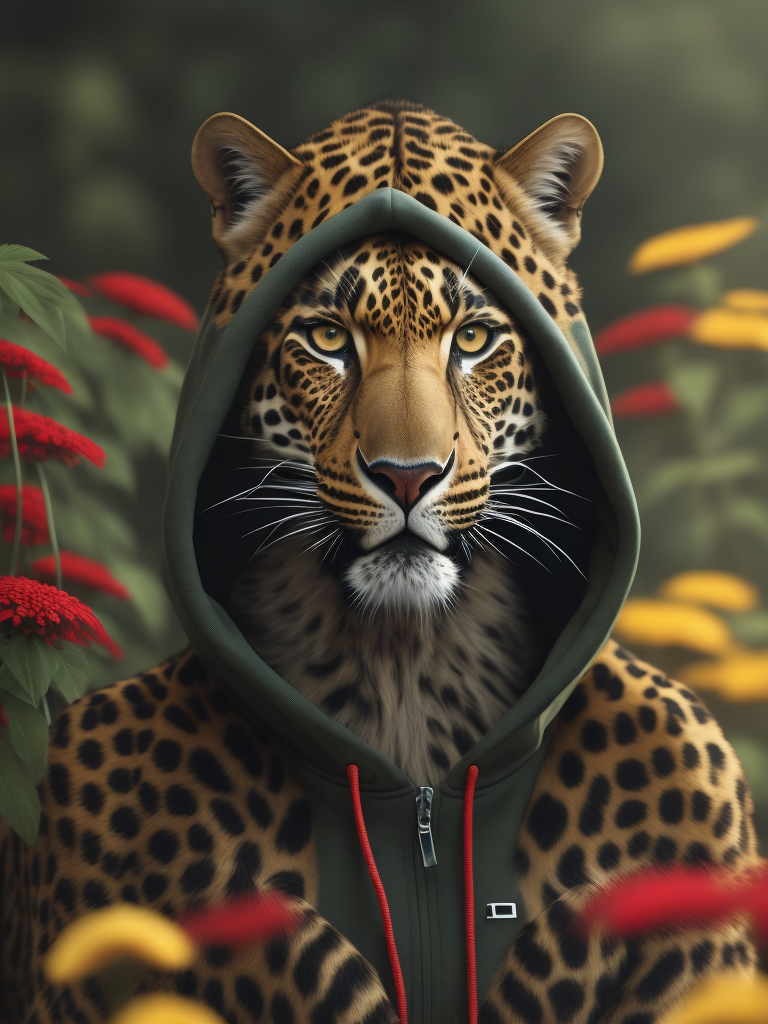 Realistic leopard in green hoodie, flowers and smile, elegant, fashion magazine, strong, powerful, green hoodie, sharp focus, highly detailed, bright and saturated colors, photography in studio, the photo should be waist-length