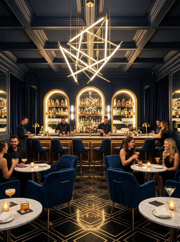 A luxurious cocktail bar interior defined by deep navy tones and high-contrast golden geometric lighting. Plush blue velvet armchairs with thin brass legs surround round marble tables in the foreground. Behind them, a long bar counter with sleek stools faces a dark wall featuring three glowing arched alcoves filled with backlit bottles. A complex chandelier of intersecting illuminated rods hangs from a coffered ceiling, casting warm light onto a striking black floor inlaid with a gold diamond pattern.