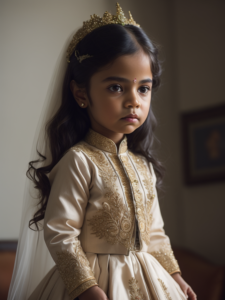 (((cute, sad little girl aged 25))) of India dressed in a (((typical wedding dress of India, color))) (photorealistic: 1.4, lifelike), highly detailed CG unified 8K backgrounds, 1 child, looking at viewer, (HQ skin:1.4), 8k uhd, dslr, soft lighting, high quality, film grain, fujifilm XT3, ((simple neutral background)).