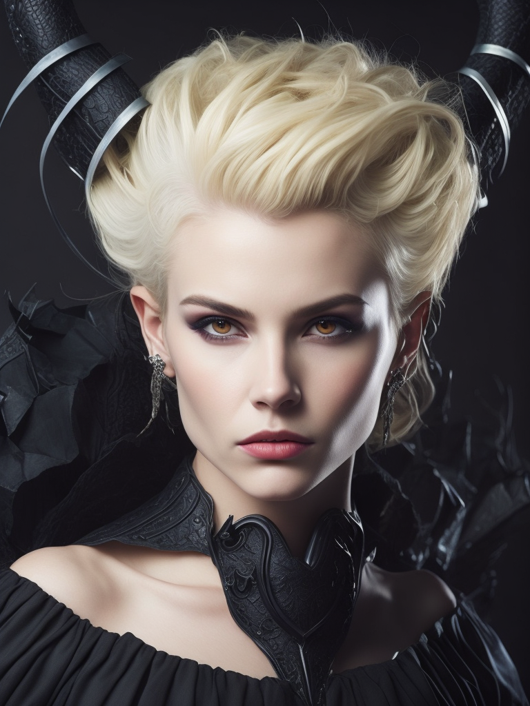 a woman with horns and a dress with black laces on her head and a black dress with black laces on her shoulders, a character portrait, gothic art, Dirk Crabeth, fantasy style, demon queen