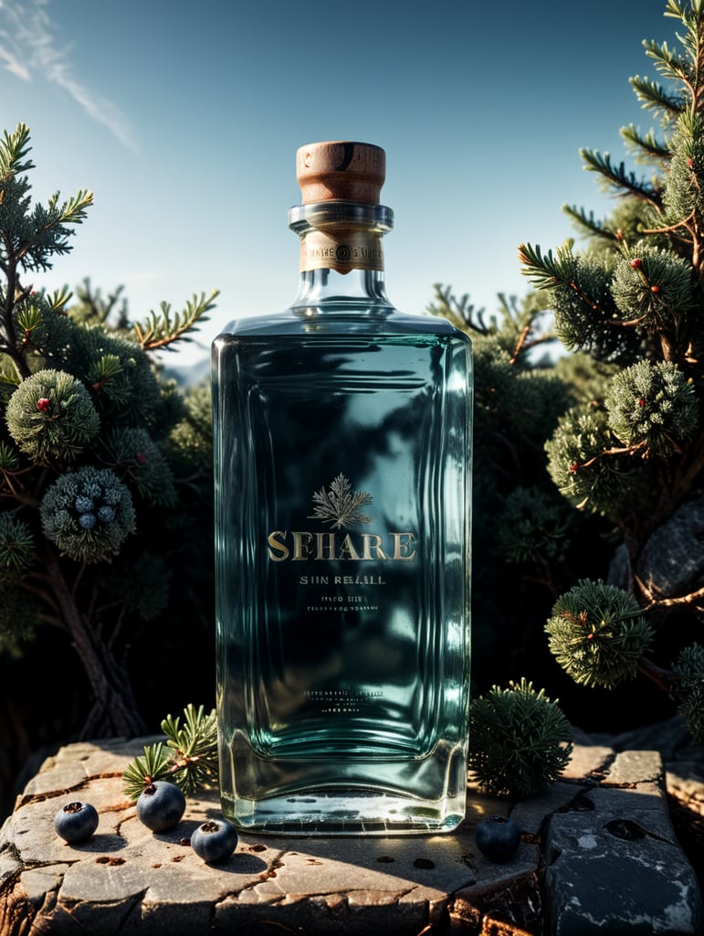 professional photography of a square gin bottle, square bottle, surrounding a juniper and juniper berries, one shot of gin in a front, no label, clear, mockup