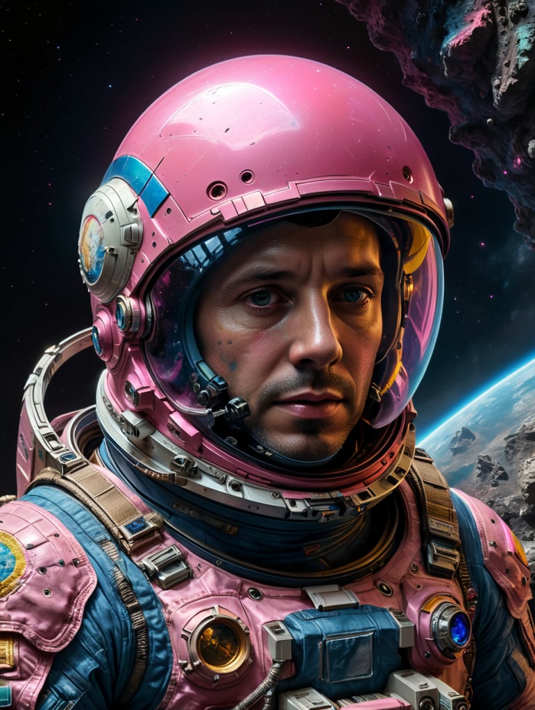 movie still, photo of an astronaut, Rainbow asteroid, light indigo, neon pink and dark beige, muted tones