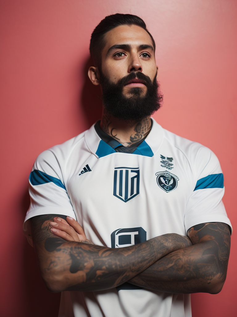 a tattooed soccer player with long black beard stands in a front of the pink wall