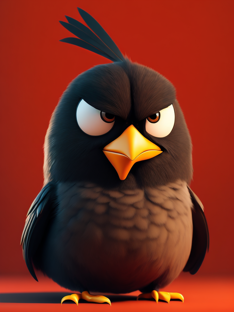 angry birds black bird on red background, standing centered in 3D style, rendered using beautiful Disney animation, Pixar style, Disney style, 3D style