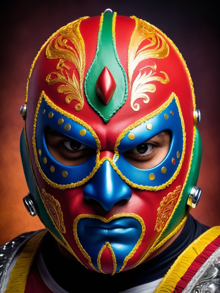 Portrait of a masked mexican wrestler, tag team, frontphoto, Vivid saturated colors, Contrast color, studio photo, professional photo, Rich colors, Detailed image
