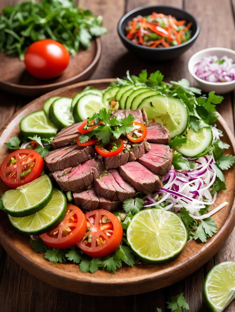 Thai Beef Salad (Yam Nua), small plate on a wooden table, Description: A zesty Thai salad featuring grilled beef, mixed with fresh herbs, cucumber, red onion, and tomatoes, and dressed with a tangy lime dressing.