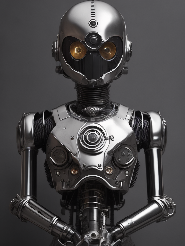 K-2SO, in the style of mechanical realism, iconic album covers, pencilsteampunk, angelcore, detailed facial features, chrome-plated, undefined anatomy