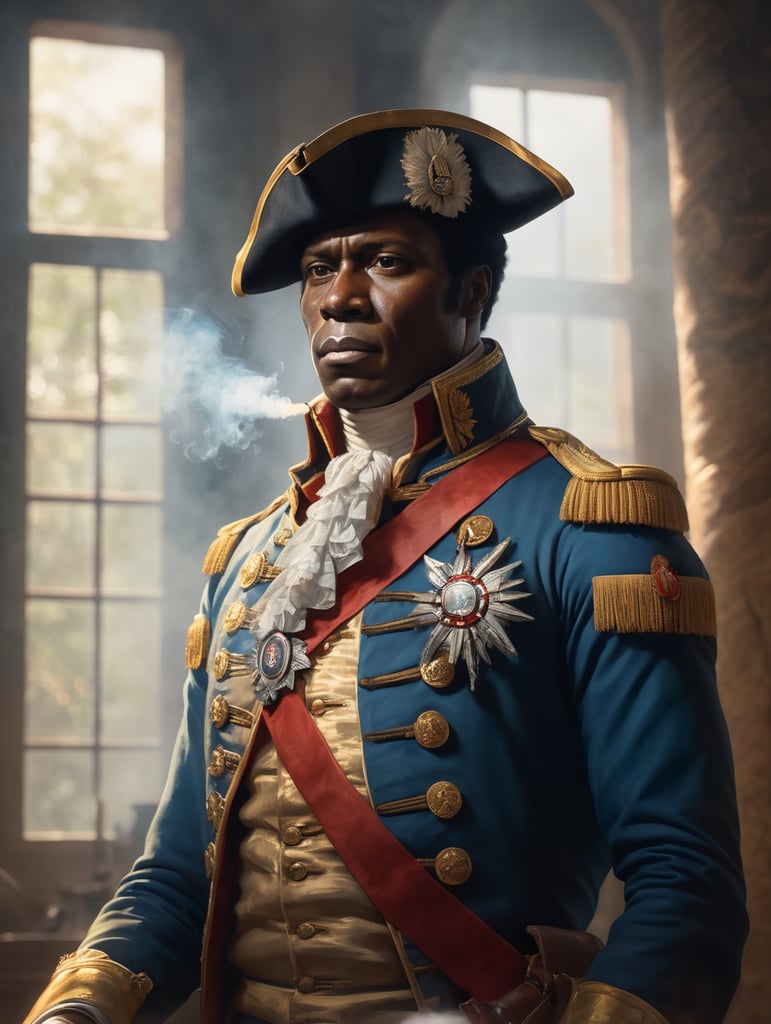 Toussaint louverture, haitian revolution general leader 1780's, facing camera, carne griffiths, wadim kashin, pascal blanche, rutkowski, repin. smoke, window, light rays, perfect anatomy, perfect face, perfect fingers, perfect composition, beautiful, detailed, intricate, octane render, 8k, soft natural light, chiaroscuro, masterpiece, award-winning, professional, anatomically correct, breathtaking, sharp focus, emitting diodes, smoke, sparks, artstation, detailed character design