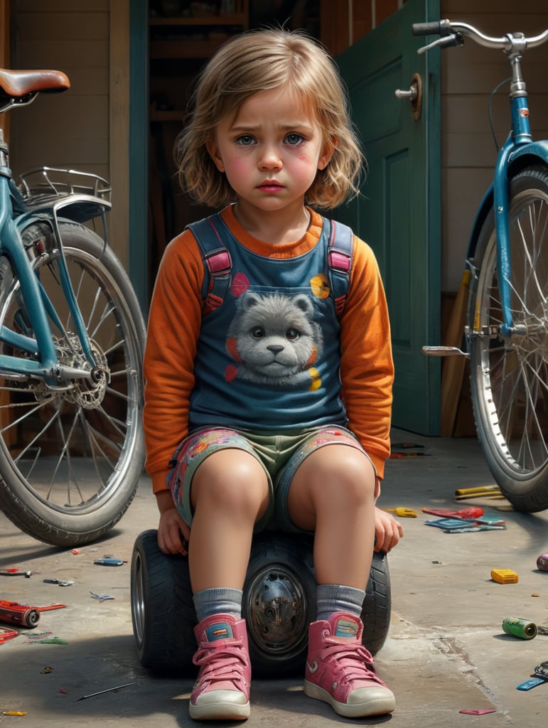 cute little girl with scratches on her knees and a sad expression aged 5 colorful attire photorealistic artwork highly detailed in full view of a house in front of a garage with a child bicycle on the floor lighting simple neutral background