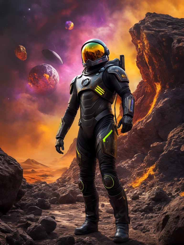 Space traveler in a black rock in middle of the universe. futuristic slim Astronaut suit with neon futuristic unique helmet , super hero style suit, warrior style suit, energy blast in the background, space war, more neon, energy explosion, fluor colours, yellow violet, vibrant, saturated, a lot graffiti on the suit. Scratch on the suit, Rocks like mars planet, volcano, movie poster style, war, noise, star wars, sMall war helmet, no accessories,