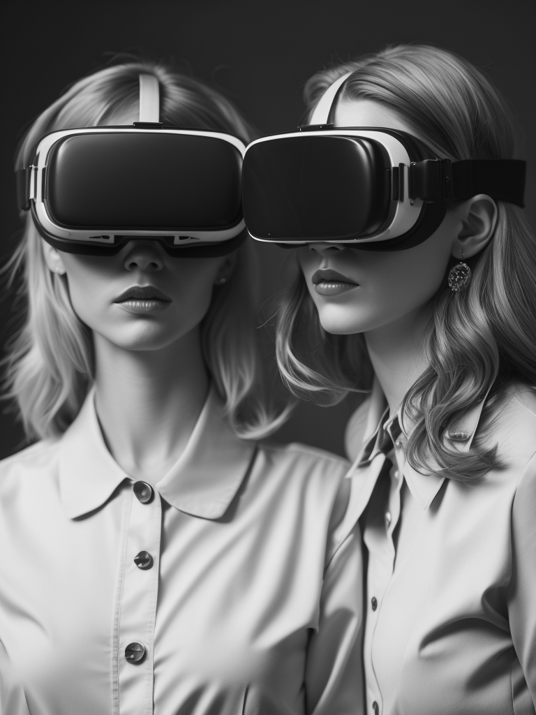 Portrait of girls wearing prototype virtual reality goggles from 1950, black and white