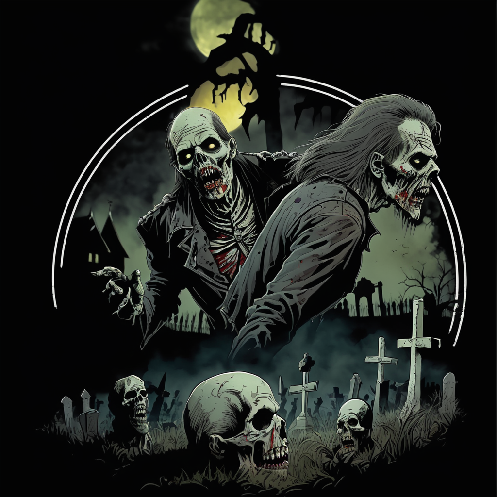 Night of the living, dead deathmetal zombies in a graveyard high-quality details, deep focus, professional shot