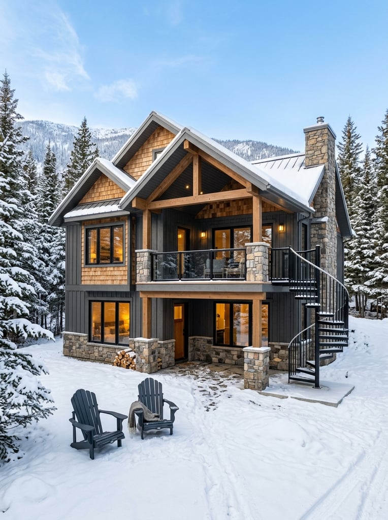 A modern two-story winter cabin mixing dark grey siding, cedar shakes, and stone under a bright blue sky. It features a covered upper deck with glass railings and a black spiral staircase. Two dark Adirondack chairs rest in the snowy foreground against a backdrop of snow-dusted pine trees.