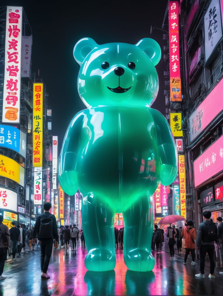 A giant Japanese gummy bear, translucent, 4 stories tall, walking through Tokyo at night, neon rainy city, cyberpunk, techno city