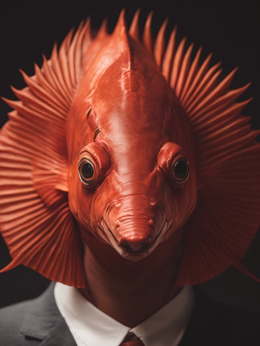 Demonic red fish with red horns, painting in the style of norman rockwell, hyper realistic, photorealistic, highly detailed