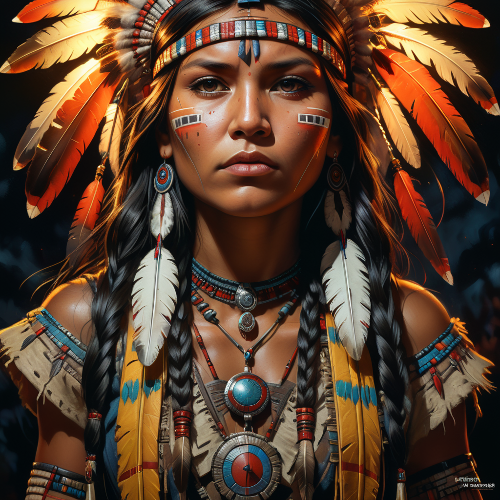 American Indian girl flat style, portrait,Oil Painting style,dramatic night lights, comics