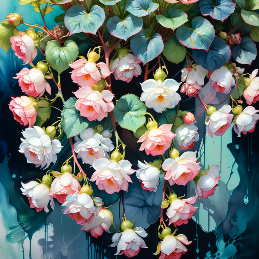 Abstract painting of floral design begonia white pink mix flower bulbs, blue and grey watercolor effect on full White background, Elegant, Botanical, Bright, Blooming, Decorative, Colorful, Gorgeous, Attractive, Delightful, professional artistic, masterpiece