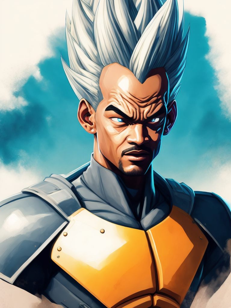 Will Smith as Dragon Ball character Vegeta, aggressive face, blue and white suit, spiky hairstyle, bright saturated colors, bright gradient background,