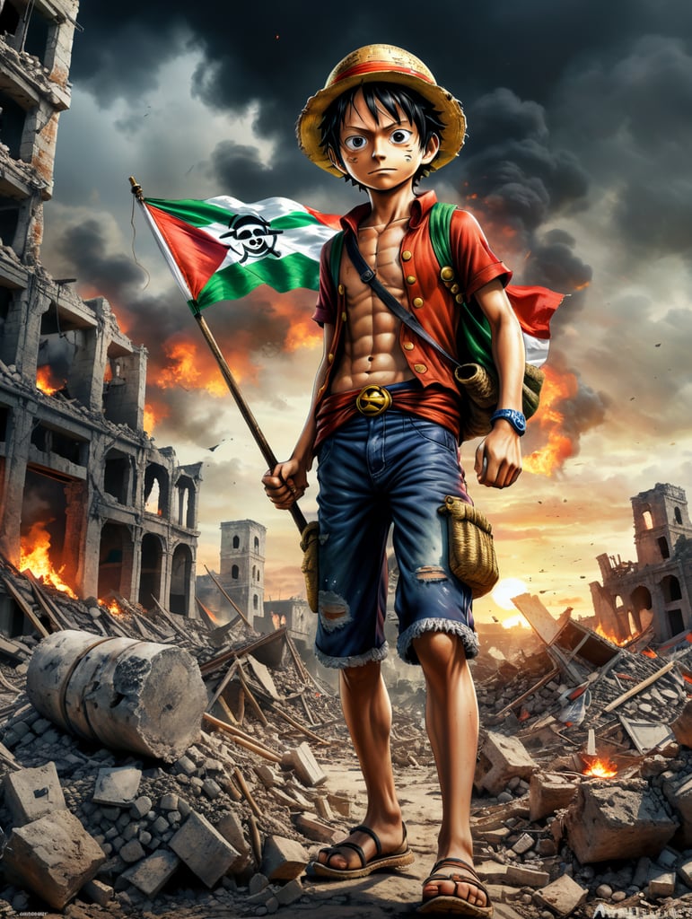 one piece luffy young carrying Palestine flag In Gaza territory, as well as the ruins of rubble from the destruction of the city