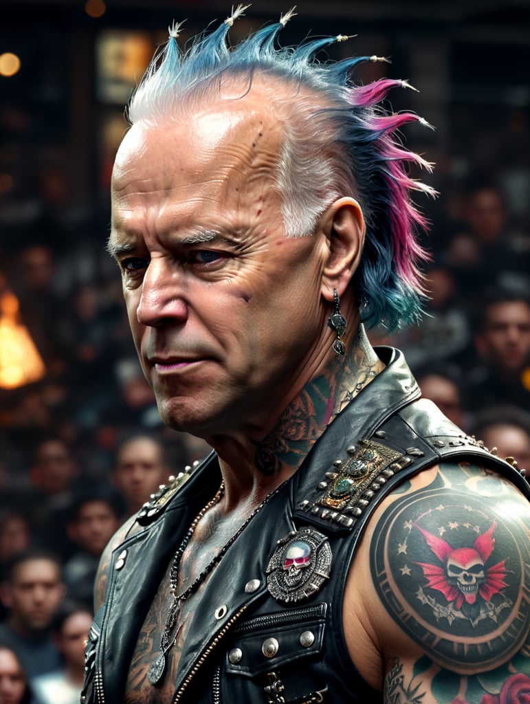 Joe Biden as a punk rocker, full face, tattoos, piercing