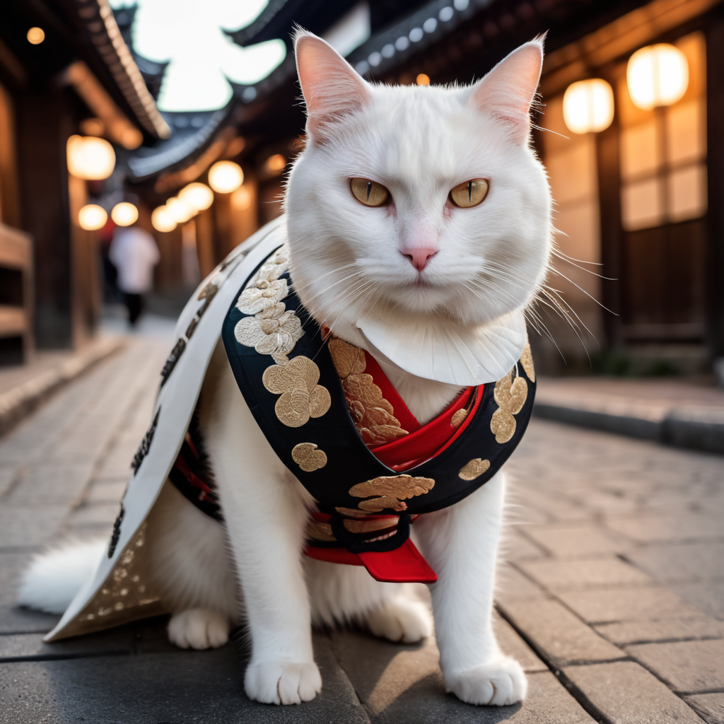 White cat in samurai clothes in Japanese street, evening, high detail