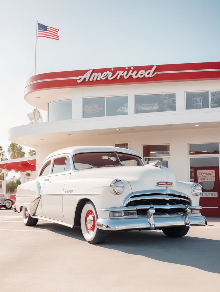 hot rod in front of an american diner