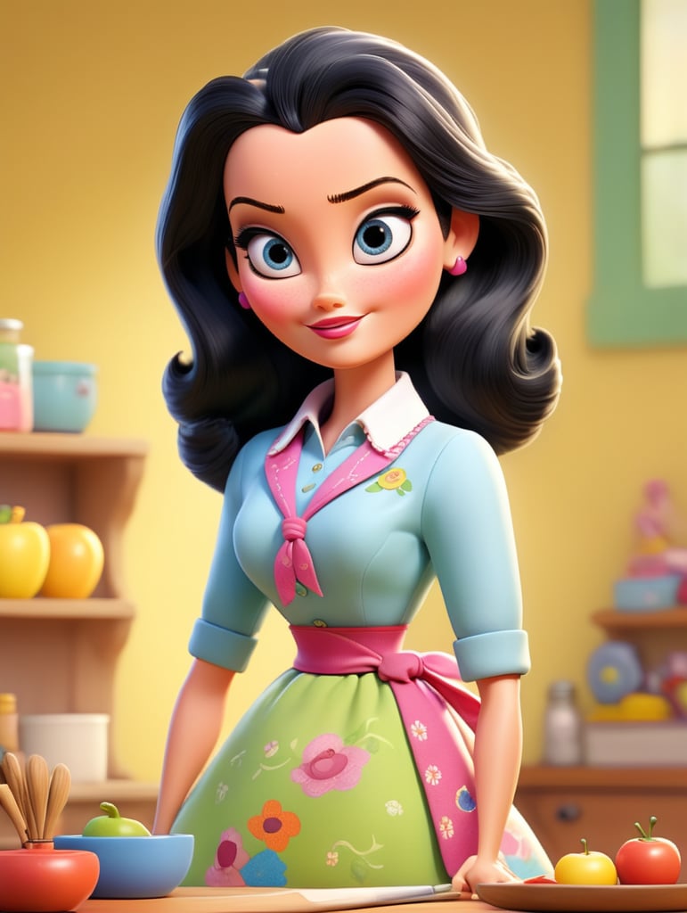 Drawing of an adult Barbie with a primary school teacher's apron, oval face with a thick body, white skin, straight black hair, black eyes