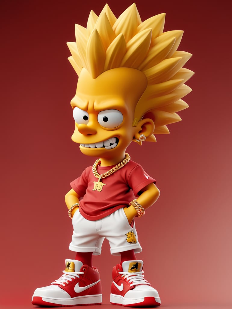 thug bart simpson wearing gold chains, gold grill, and new red and white Jordan #12 shoes