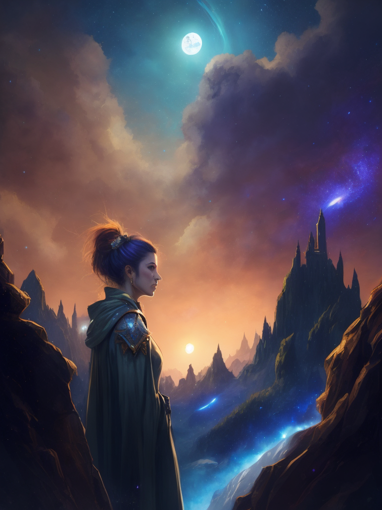 Design a fantasy book cover in the style of Kelly Ritchie using digital illustration. Take inspiration from Kelly Ritchie's minimal yet captivating backgrounds. Create a scene with a mesmerizing night sky filled with swirling nebulae and distant constellations. Add enchanting motifs such as glowing crystals and ancient ruins scattered across the landscape. Color temperature: Deep blues and purples, evoking a sense of mystery and magic. Lighting: Gentle moonlight casting subtle highlights on the stars and motifs. Atmosphere: Enchanting and otherworldly, drawing viewers into a realm of fantasy. --v 5 --stylize 1000