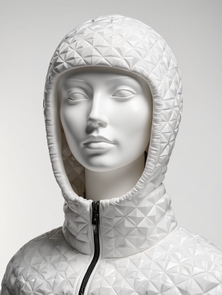 An ancient marble statue wears a modern puffer jacket of geometric pattern. Isolated black background.