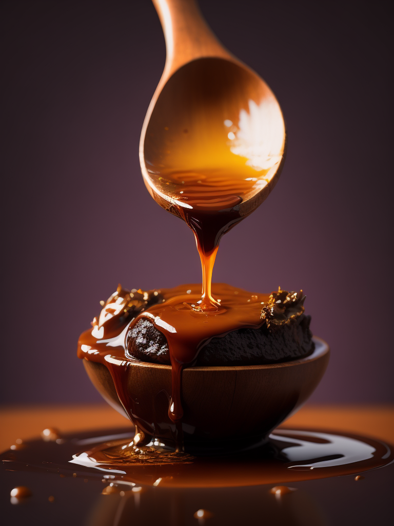 a photo of honey from the wooden spoon going down on the melted chocolate, deep purple background, deep atmosphere