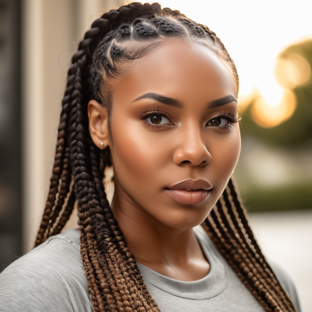 physically fit 25 year old black woman with box braids, slanted eyes and big full lips