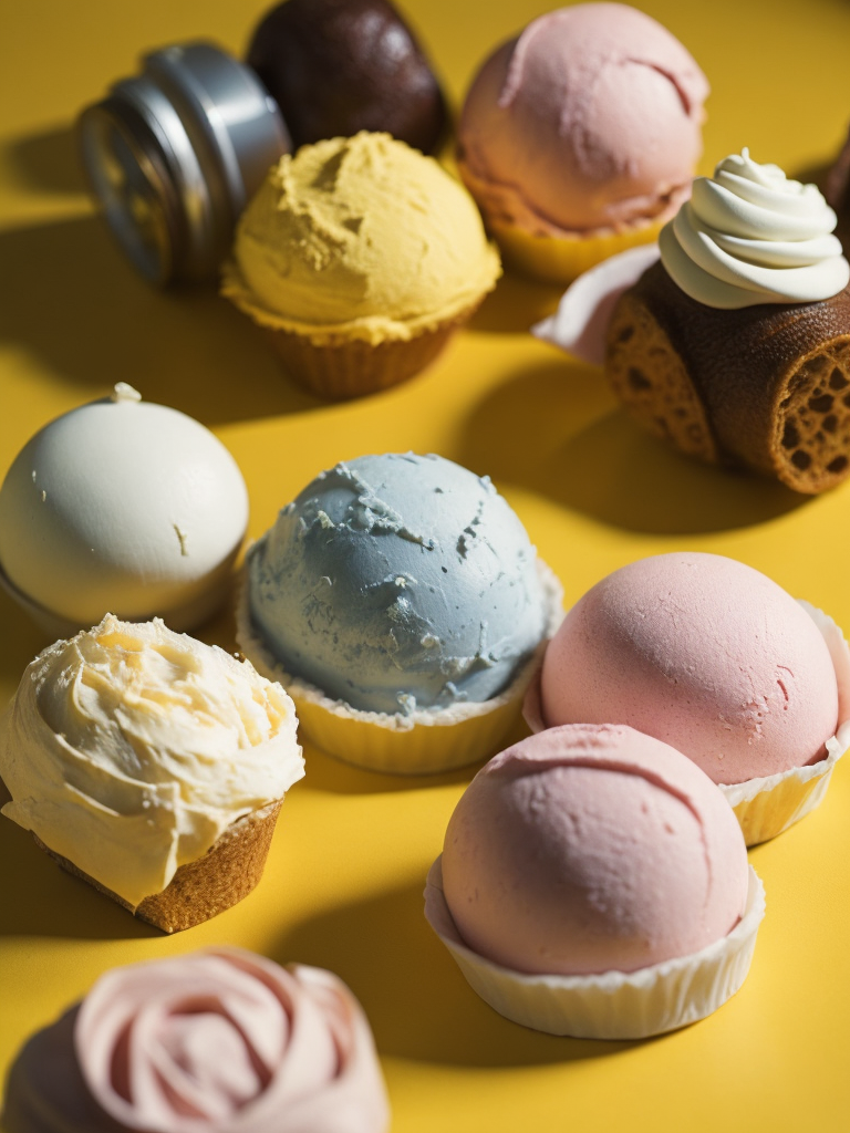 ward - winning photo by slim Aarons of different types of ice cream on a yellow background, closeup shot, magic realism, high quality photorealistic, hyper high quality photography, hyperrealistic, Natural lighting, Unreal Engine 5, Color Grading, Editorial Photography, Photography, Photoshoot, Shot on 70mm lense