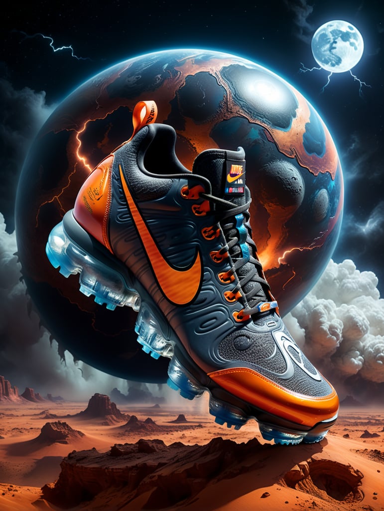 Nike Vapormax Concept Water print NASA Space Force Logo with Dark Moon in the background with Lightning on Mars atmosphere