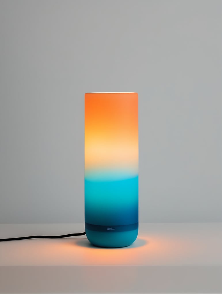 A contemporary minimalist semi-translucent silicone lamp with vibrant cyan blue and orange gradient colors as if designed by hi studio.