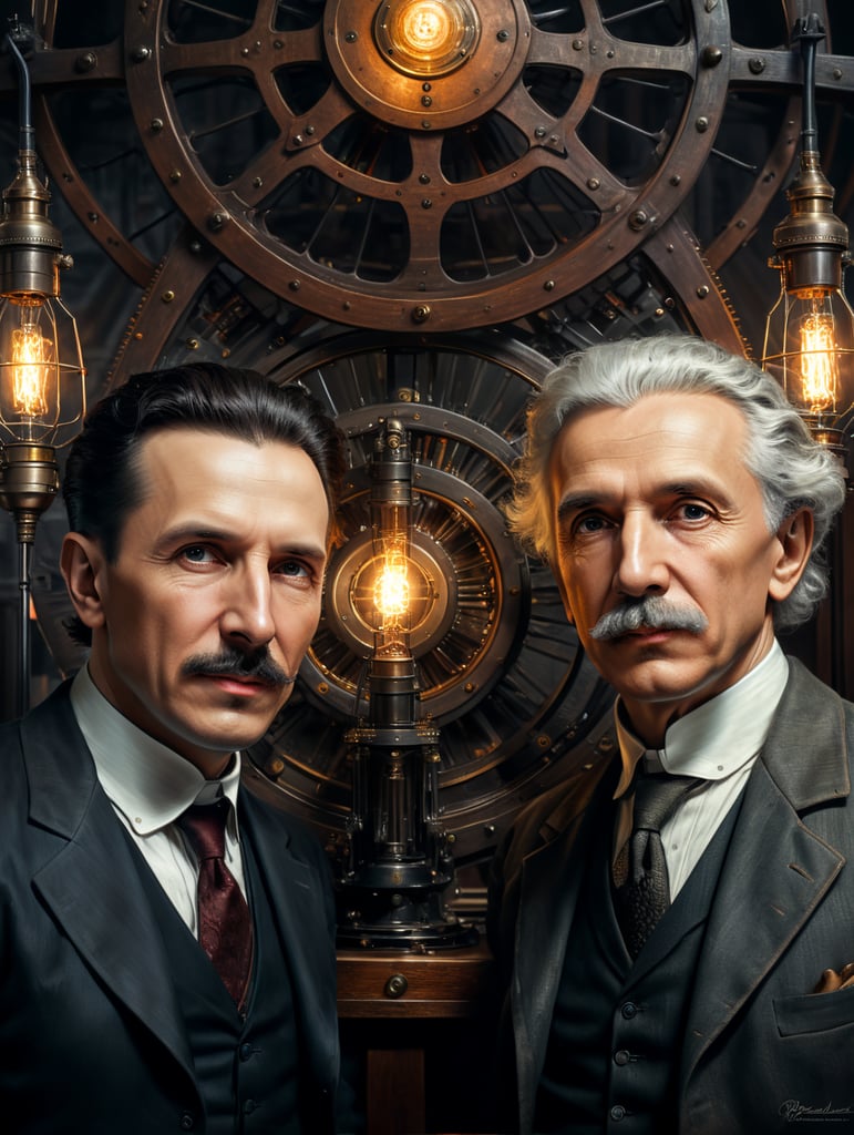 Portrait of Nikola Tesla and Albert Einstein looking at the camera