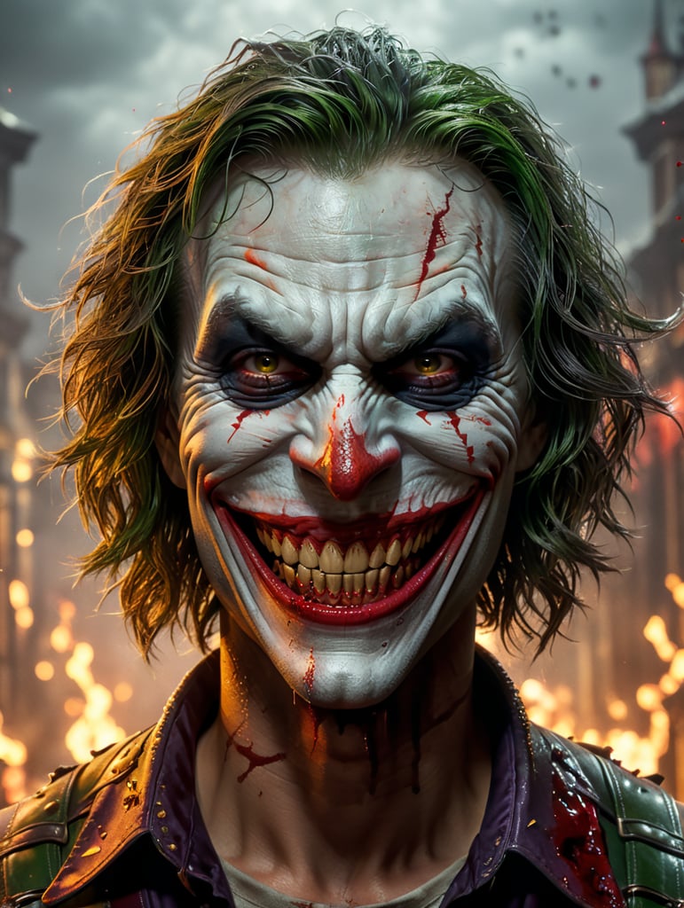 Create an image of a big, scary smile resembling the Joker's grin, with teeth that appear to be dripping with blood, all while ensuring that the overall appearance of the image remains unchanged, the face should remain female