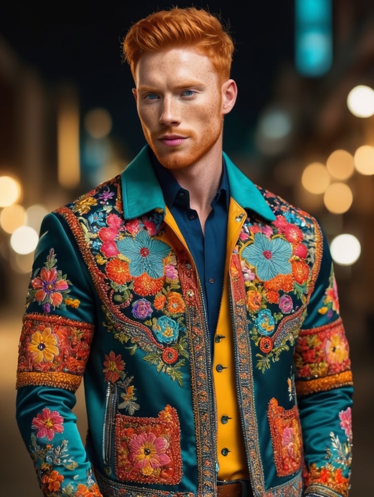 Beautiful ginger man with freckles, wearing a colorful, vibrant, detailed embroidered jacket, medium-full shot, at night