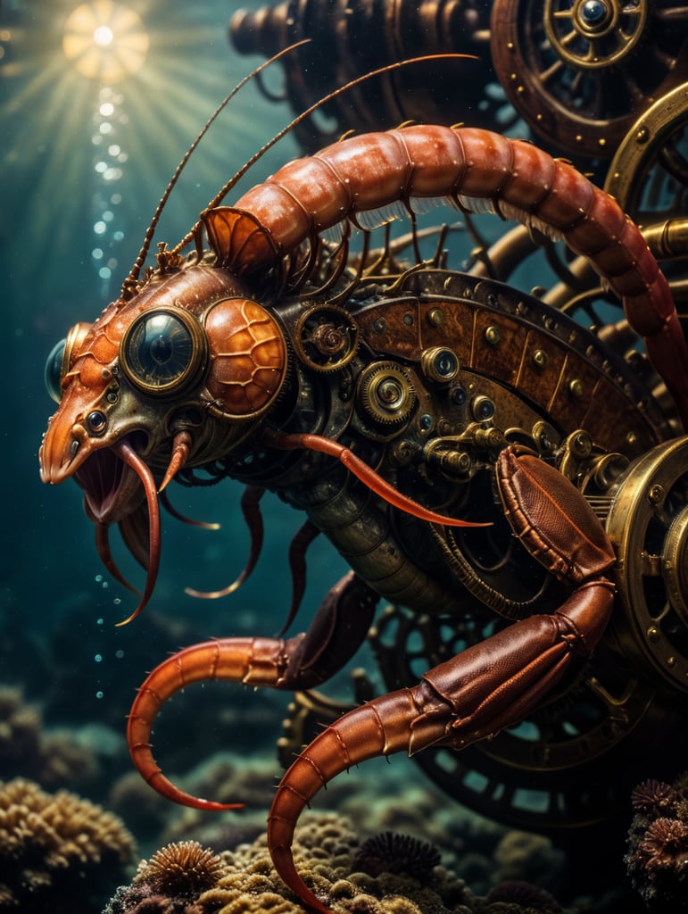 image beautiful steampunk unique artwork fantasy, steampunk style deep sea shrimp (Sergestes similis), skilled steampunk craftsmanship, isolate, deep ocean dark setting,