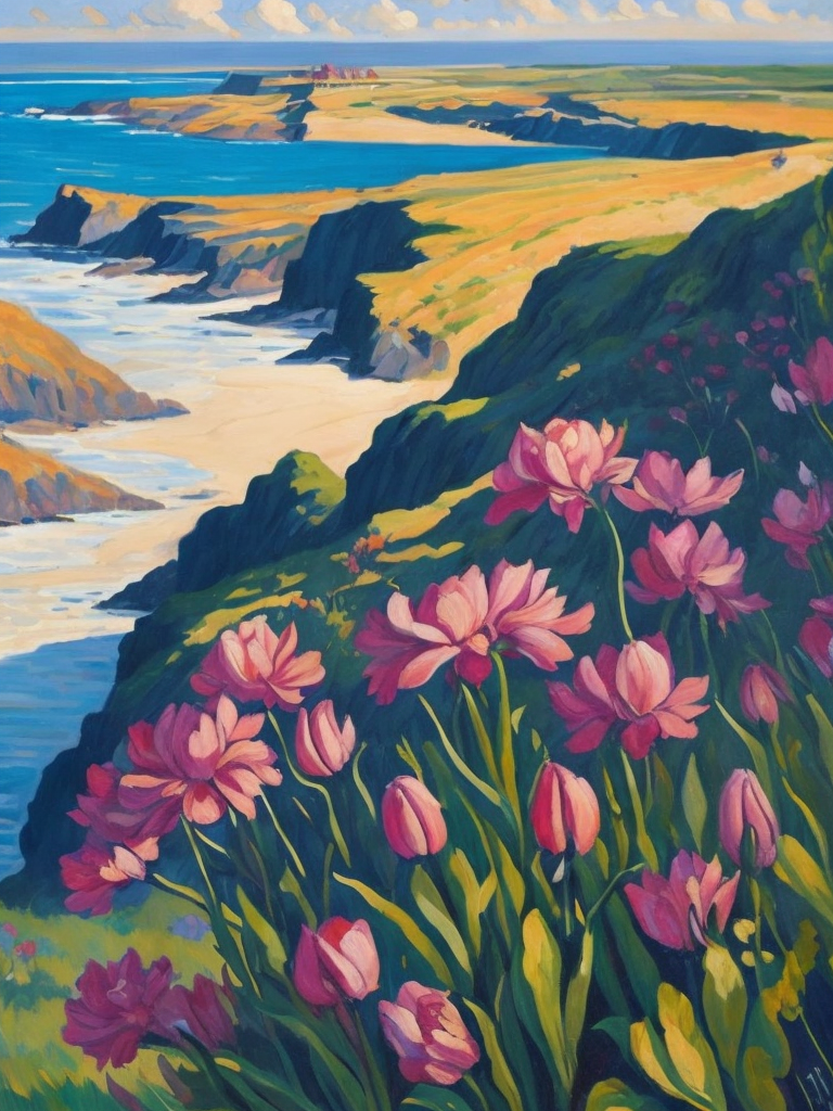 A painting by Andre Lhote. A painting of striking sea pinks, or thrift, along the coastal cliffs of Orkney combines Cubist and Fauvist styles to showcase the captivating beauty of these resilient flowers. The composition utilizes bold shapes and a palette of vivid pinks, blues, and greens, highlighting the contrast between the delicate blossoms and the dramatic, windswept landscape.