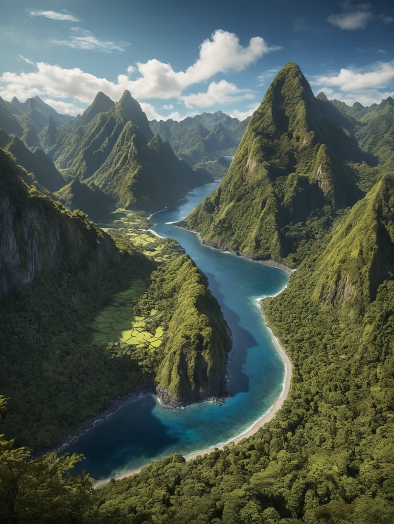 distant image of American Samoa, Island with minimal short Mountains, river running from ocean into a valley, ocean only on the bottom middle running up to the right, clear blue sky