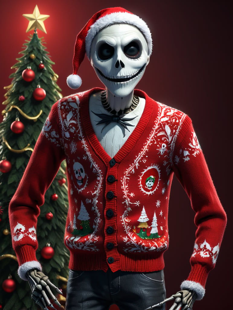 Jack Skellington standing wearing an ugly Christmas sweater red background