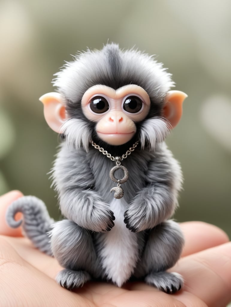 Finger monkey wearing a scorpion tail, grey necklace, big, furry, fluffy, wearing grey necklace, big adorable eyes