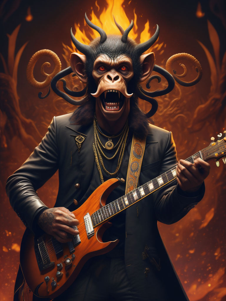 monkey octopus demon playing a heavy metal guitar, made of fractal LSD and rococo DMT, in the style of iconic album covers, style of Robert Williams, Nychos, artofsickness666, extremely detailed, insanely detailed and intricate, hypermaximalist, high detail, concept art