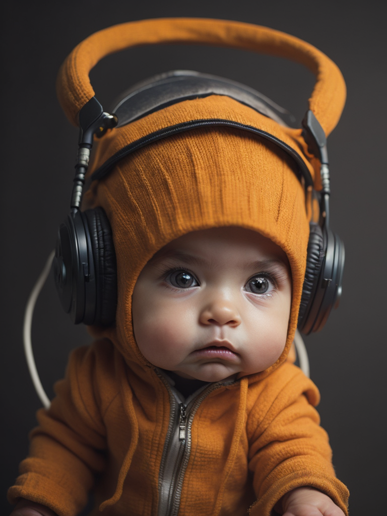 a cute baby monster character with headphone, technology style, orange color