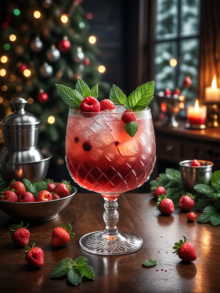 wood blurry christmas garnish with straberries and mint