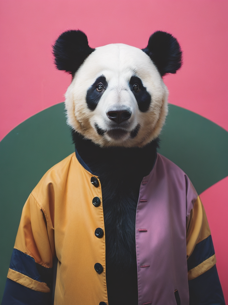 Portrait of a panda dressed in a colorful oversized jacket, Vivid saturated colors, Contrast color, studio photo, professional photo, Rich colors, Detailed image, detailed face