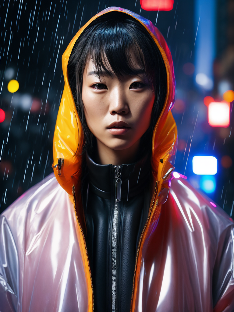 Portrait of Kaori from akira wearing transparent raincoat, rainy neo tokyo photoshoot, cyberpunk, Vivid saturated colors, Contrast light, studio photo, professional photo, Detailed image, detailed face
