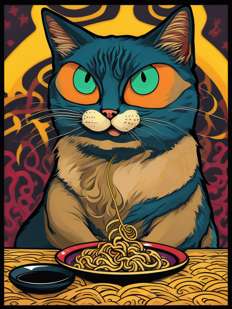 Cat eating ramen, trippy colors, cartoon style, comic style, manga style