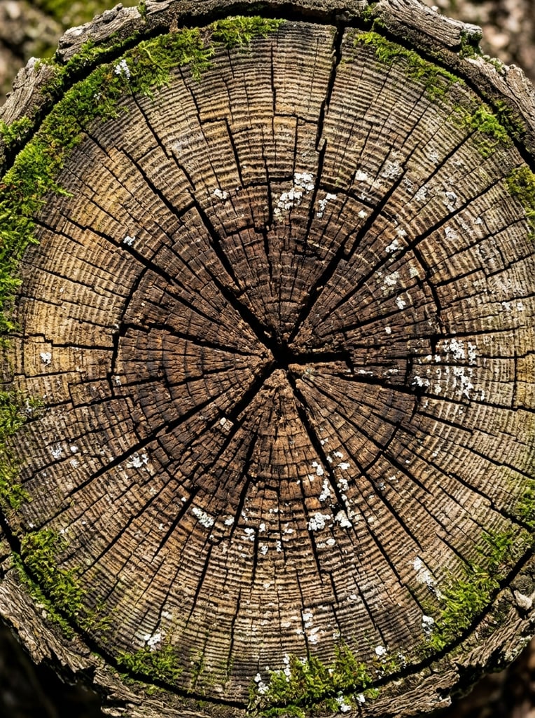 A macro top-down view of a weathered tree trunk cross-section fills the frame with intricate organic geometry. Concentric growth rings ripple outward from a dark core, heavily intersected by deep, jagged radial fissures forming a chaotic starburst pattern. The textured wood transitions from rich umber brown in the center to lighter tan, encircled by a prominent, vibrant band of green moss and algae. Small, chalky white patches of lichen speckle the rough surface. Captured in sharp, high-contrast natural lighting, the composition highlights the tactile depth of the crevices and the complex, aged wood grain.